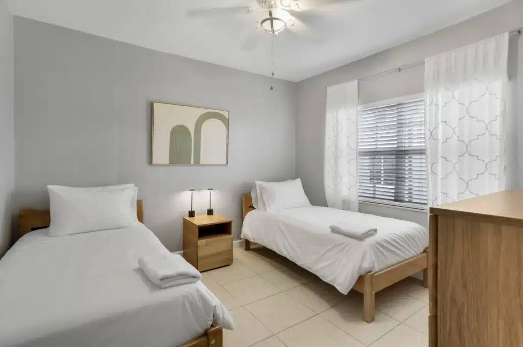 Bright bedroom with linen bedding